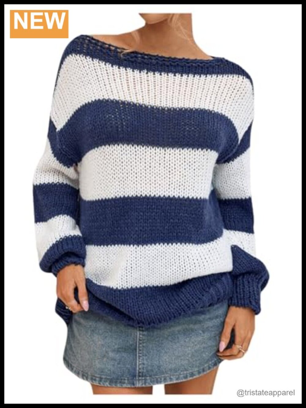 Off Shoulder Striped Chunky Knit Oversized Sweater Pullover